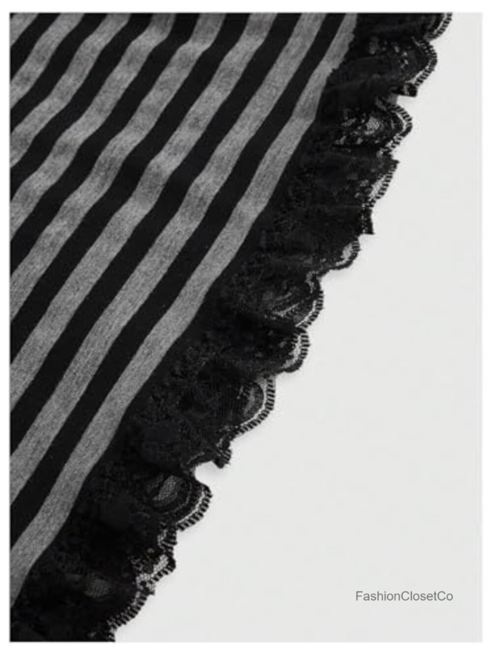 Lace Trim Striped Square Neck Short Sleeve Tee Fitted Y2K Top - Picture 4 of 4